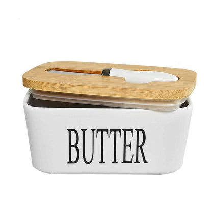 Butter Dish, Porcelain Butter Dish, Large Butter Keeper Container with Wooden Lid, Ceramic Butter Storage Box with Lid, Butter Container