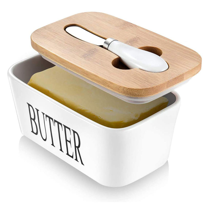 Butter Dish, Porcelain Butter Dish, Large Butter Keeper Container with Wooden Lid, Ceramic Butter Storage Box with Lid, Butter Container