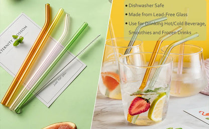 Set of 4 - Reusable Glass Straw with Cleaning Brush | Eco-Friendly Drinking Glass Straws