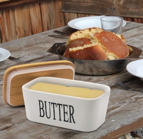 Butter Dish, Porcelain Butter Dish, Large Butter Keeper Container with Wooden Lid, Ceramic Butter Storage Box with Lid, Butter Container