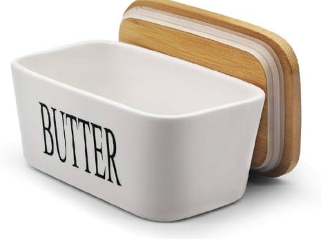 Butter Dish, Porcelain Butter Dish, Large Butter Keeper Container with Wooden Lid, Ceramic Butter Storage Box with Lid, Butter Container